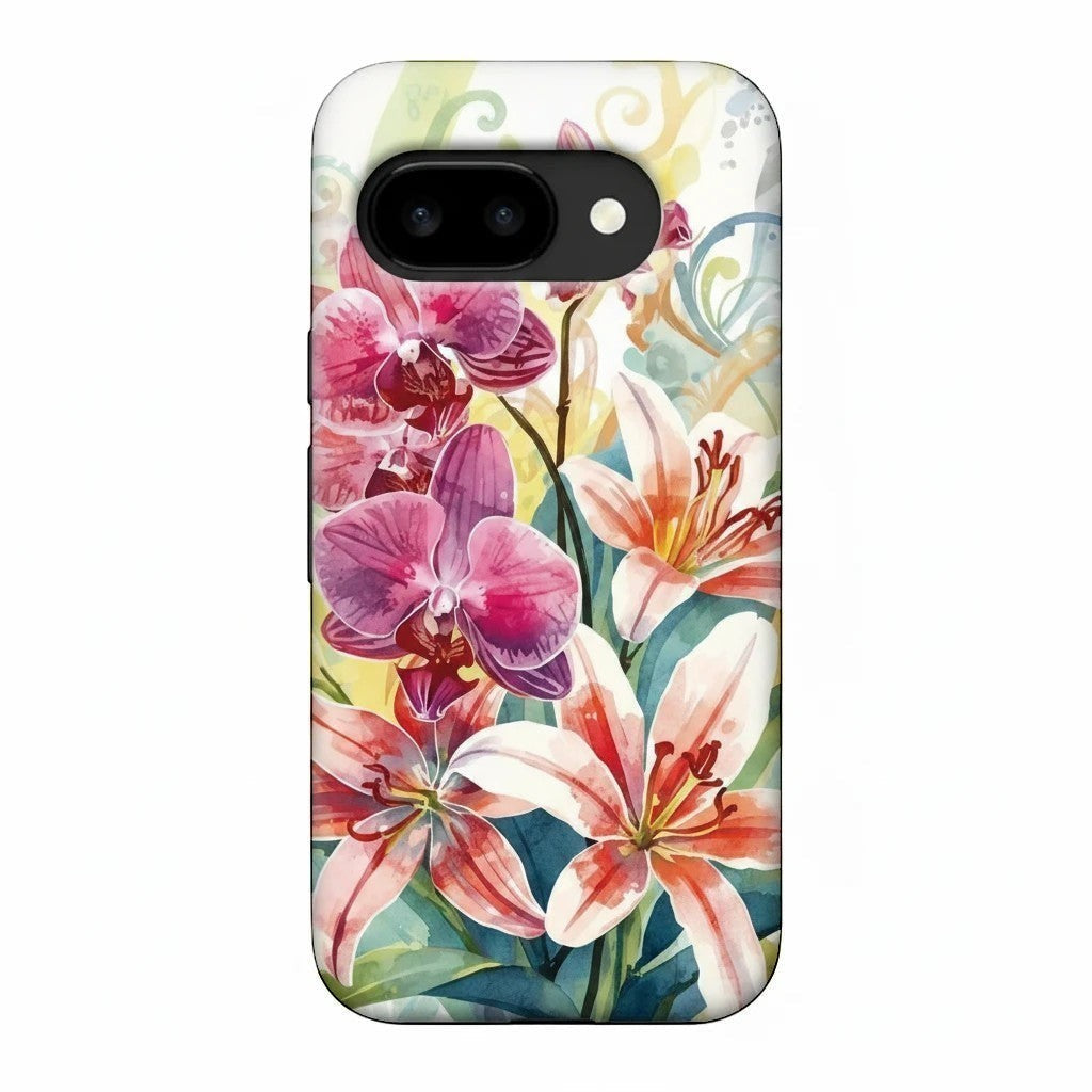 Inspiring Phone Cases Google Pixel protective cover featuring vibrant watercolor hibiscus and orchid floral art.