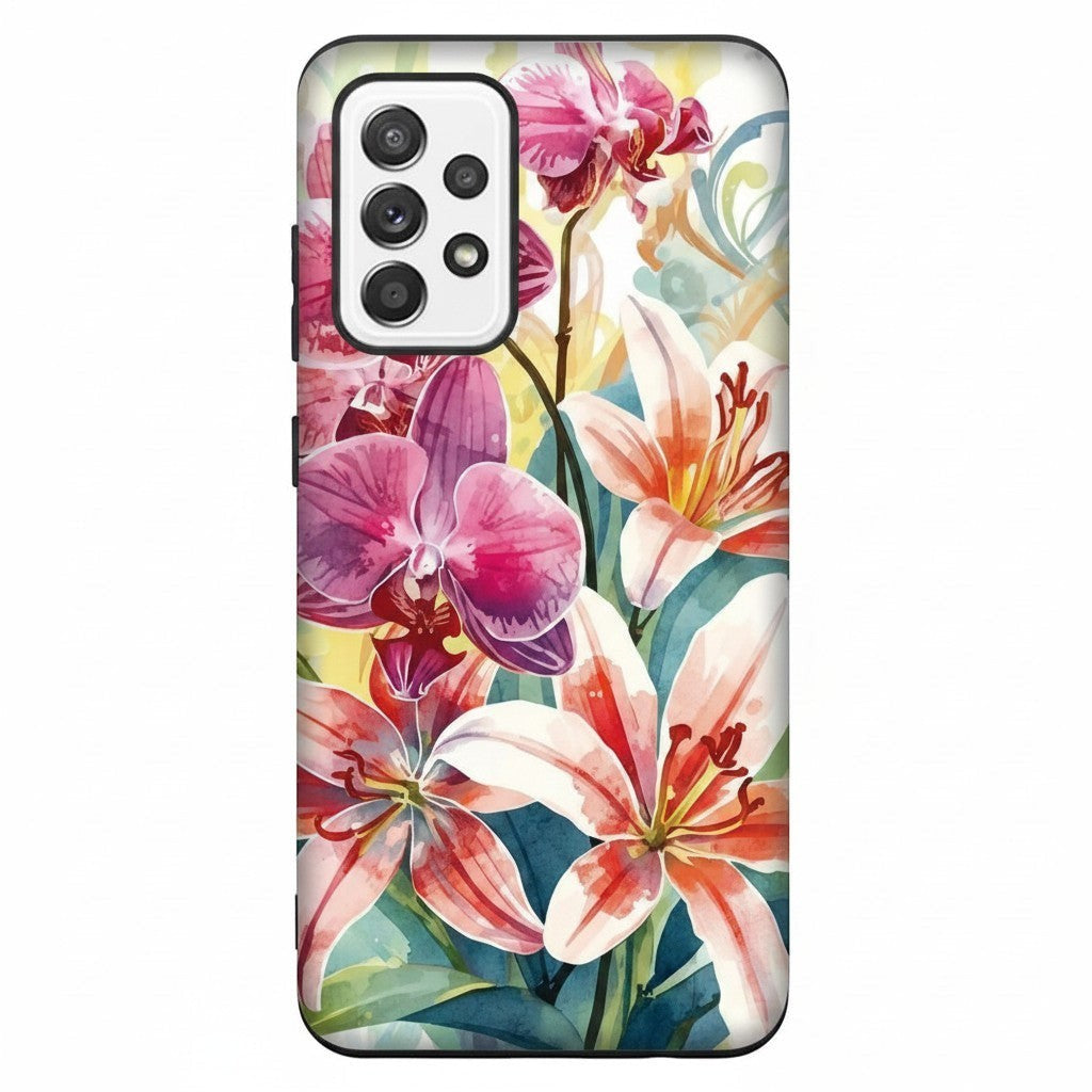 Inspiring Phone Cases floral phone case for Samsung Galaxy featuring vibrant watercolor hibiscus and orchid blooms.