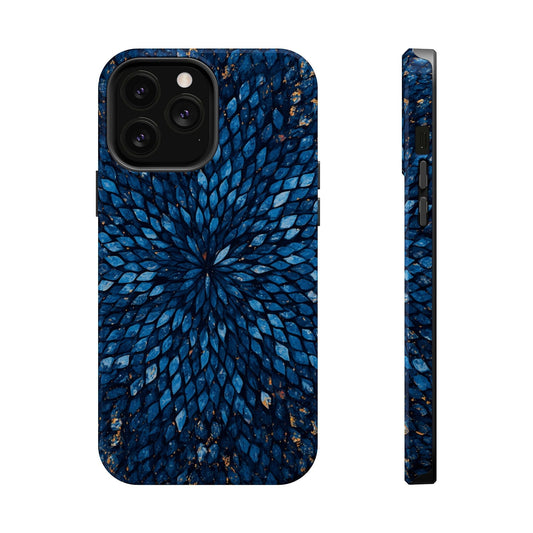 Inspiring Phone Cases Glass Feathers magnetic phone case in vibrant blue with a detailed feather pattern.