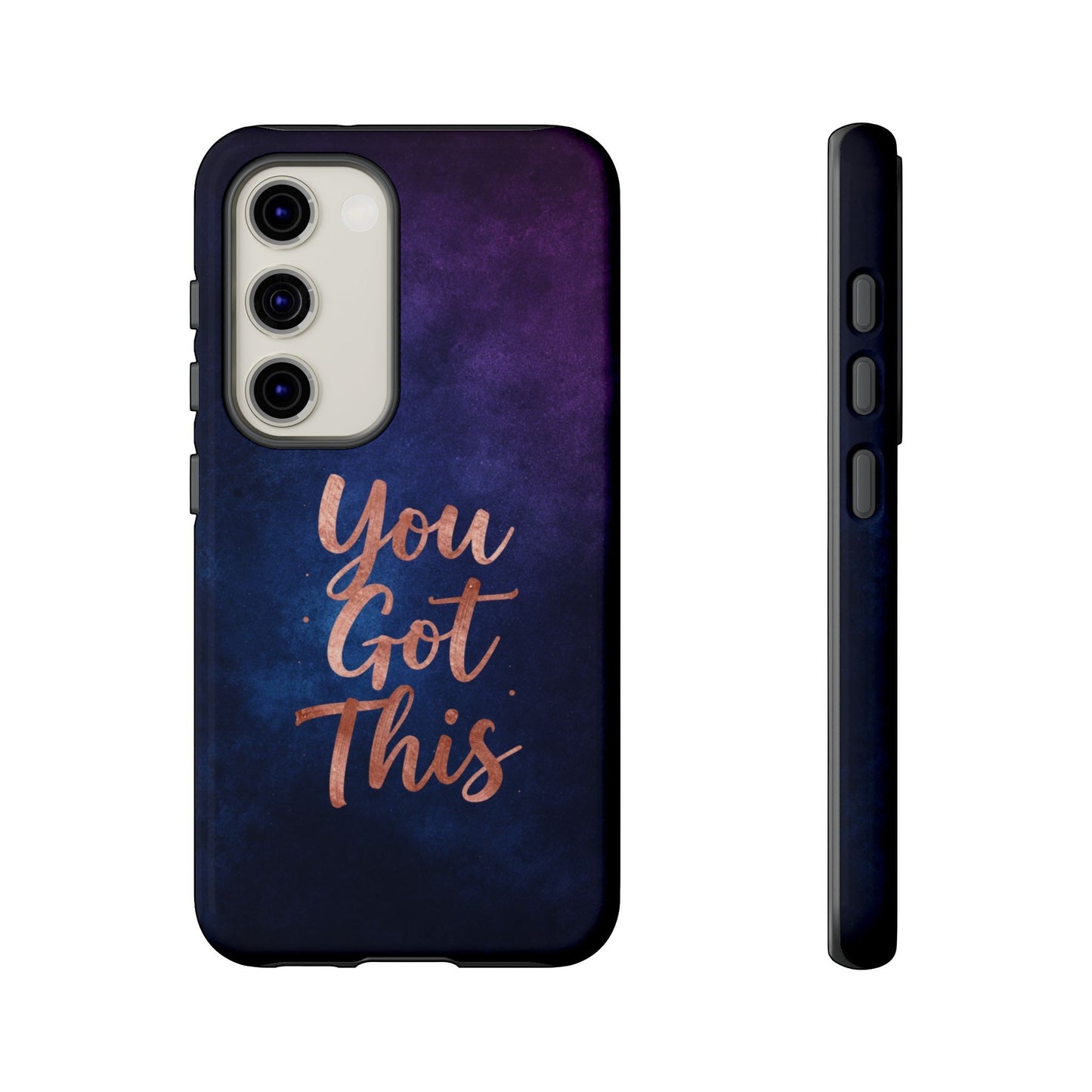 Inspiring Phone Cases Samsung Galaxy case with indigo cosmic design and rose gold You Got This quote text.