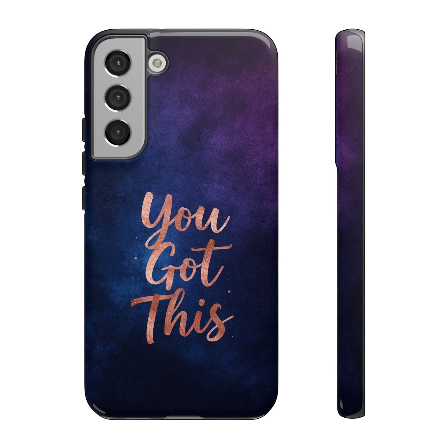 Inspiring Phone Cases Samsung phone case with indigo galaxy design and rose gold You Got This quote text
