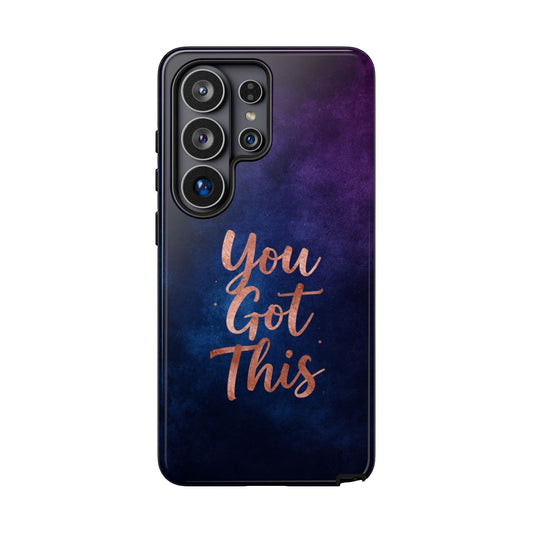 Inspiring Phone Cases Samsung phone case with indigo galaxy design and rose gold You Got This quote text.