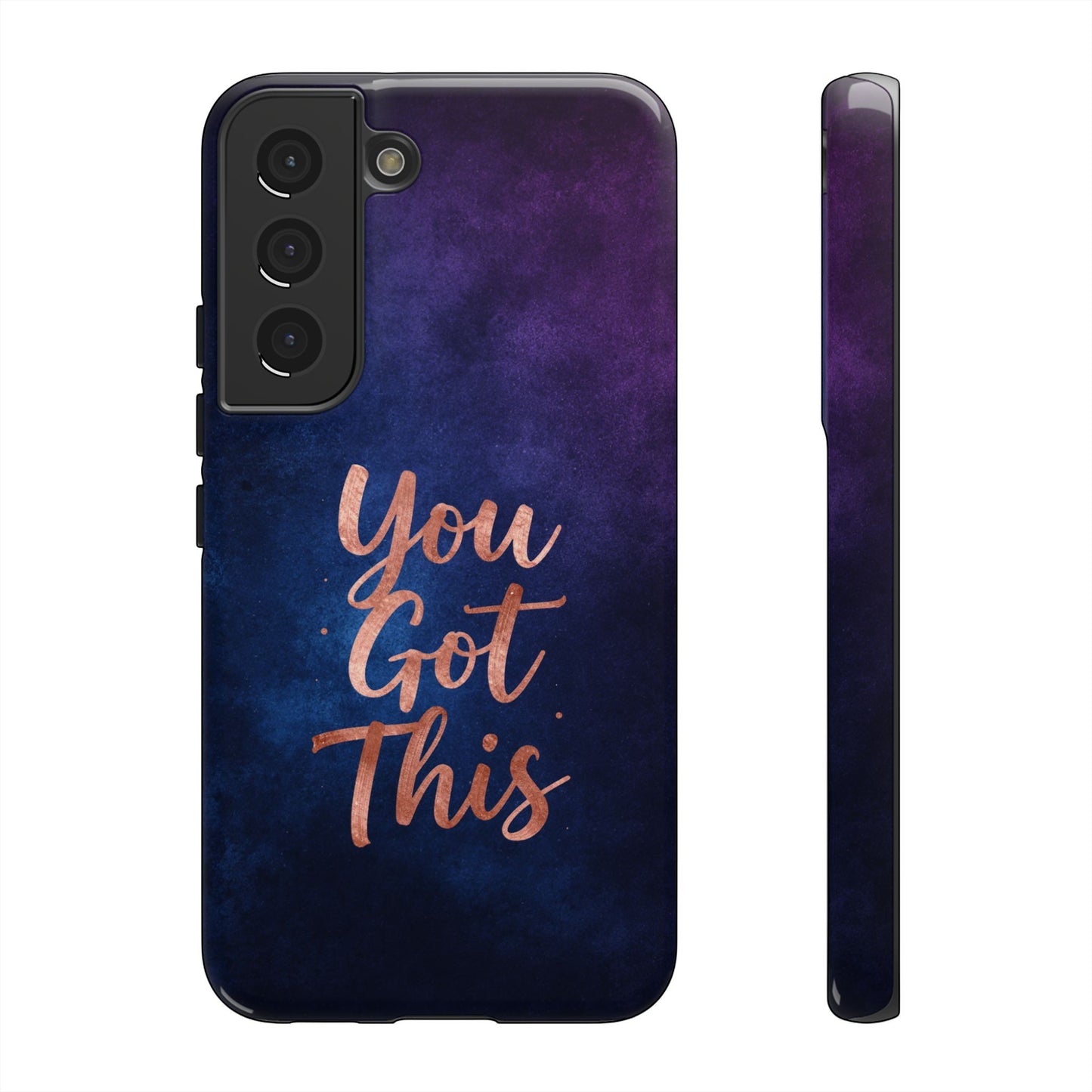 Inspiring Phone Cases Samsung phone case with indigo galaxy design and rose gold You Got This quote text.