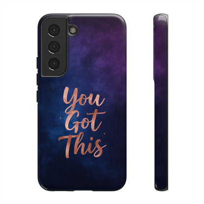 Inspiring Phone Cases Samsung phone case with indigo galaxy design and rose gold You Got This quote text.