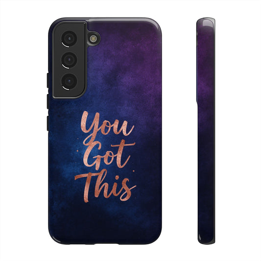 Inspiring Phone Cases Samsung phone case with indigo galaxy design and rose gold You Got This quote text.