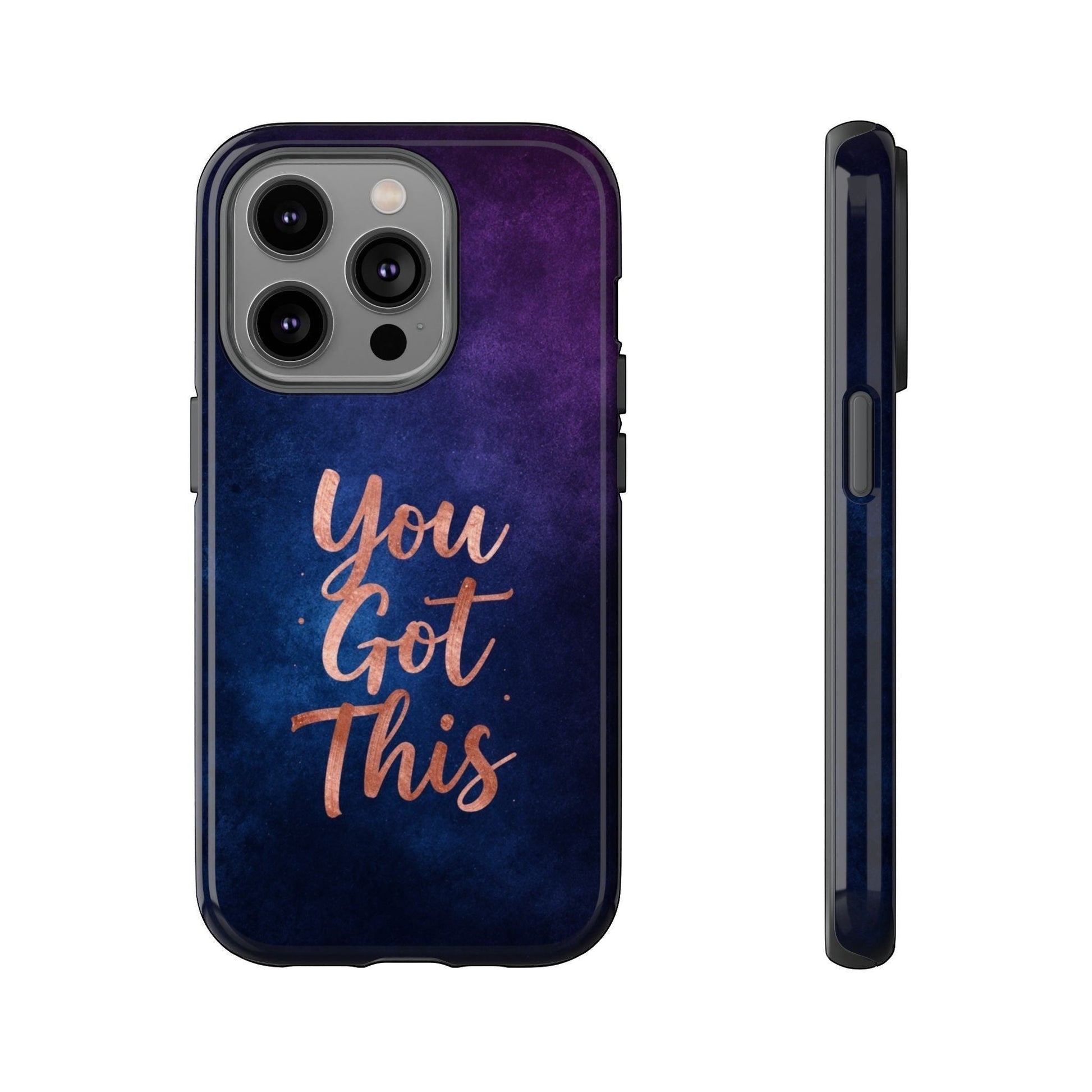 Inspiring Phone Cases iPhone MagSafe cover featuring an indigo galaxy design with rose gold You Got This quote.