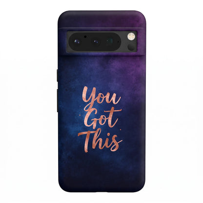 Inspiring Phone Cases Google Pixel phone case with indigo cosmic background and rose gold You Got This quote text.