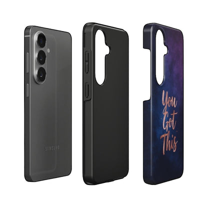 Inspiring Phone Cases Samsung Galaxy case featuring an indigo cosmic design with rose gold You Got This quote